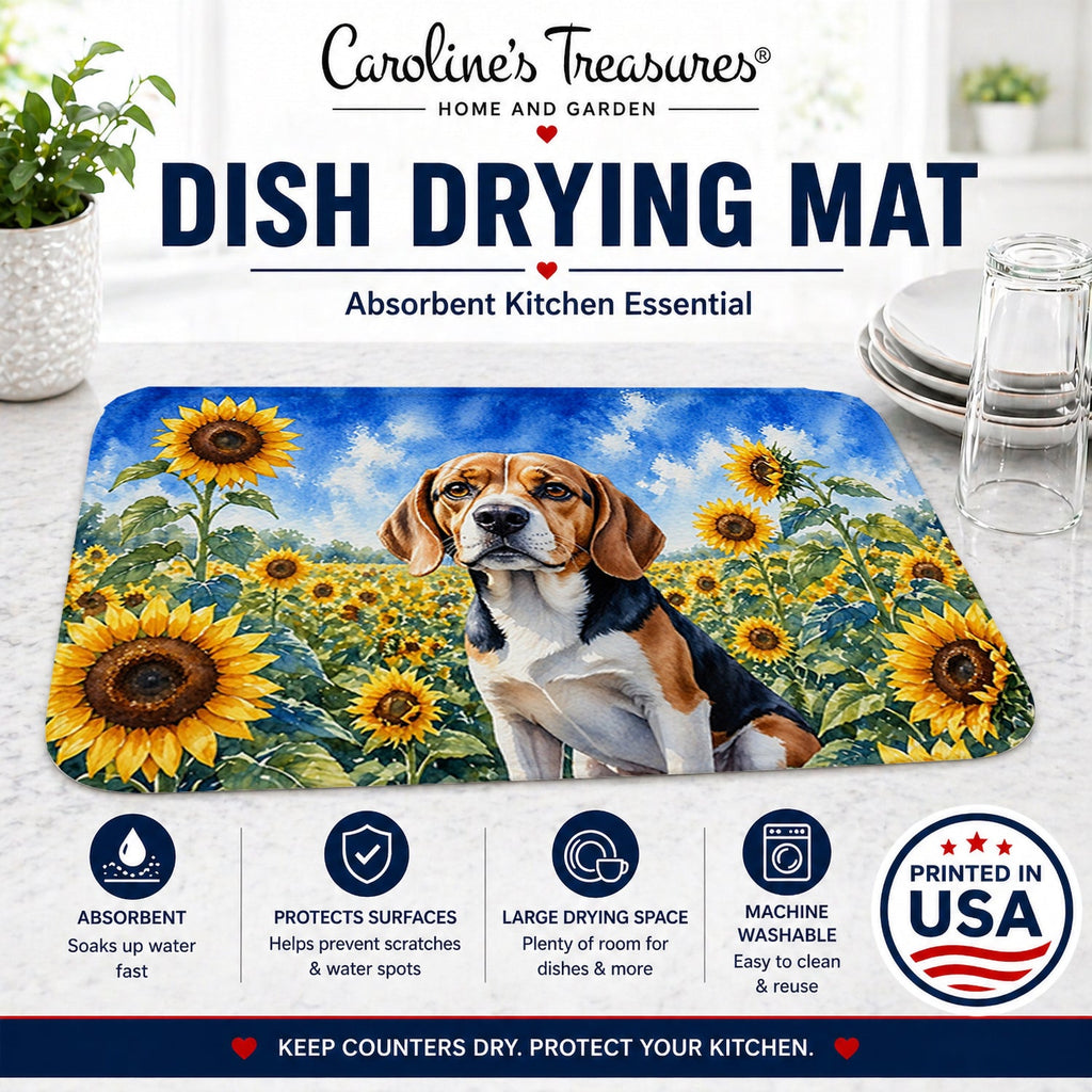 Beagle in Sunflowers Dish Drying Mat Absorbent Dish Drying Mat Pad for Kitchen Counter Dish Drainer Mat for Countertop, 14 x 21", Multicolor