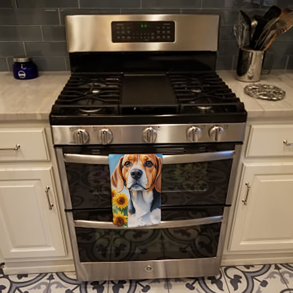 Beagle in Sunflowers Kitchen Towel Velour Plush Front and Cotton Loop Back Machine Washable