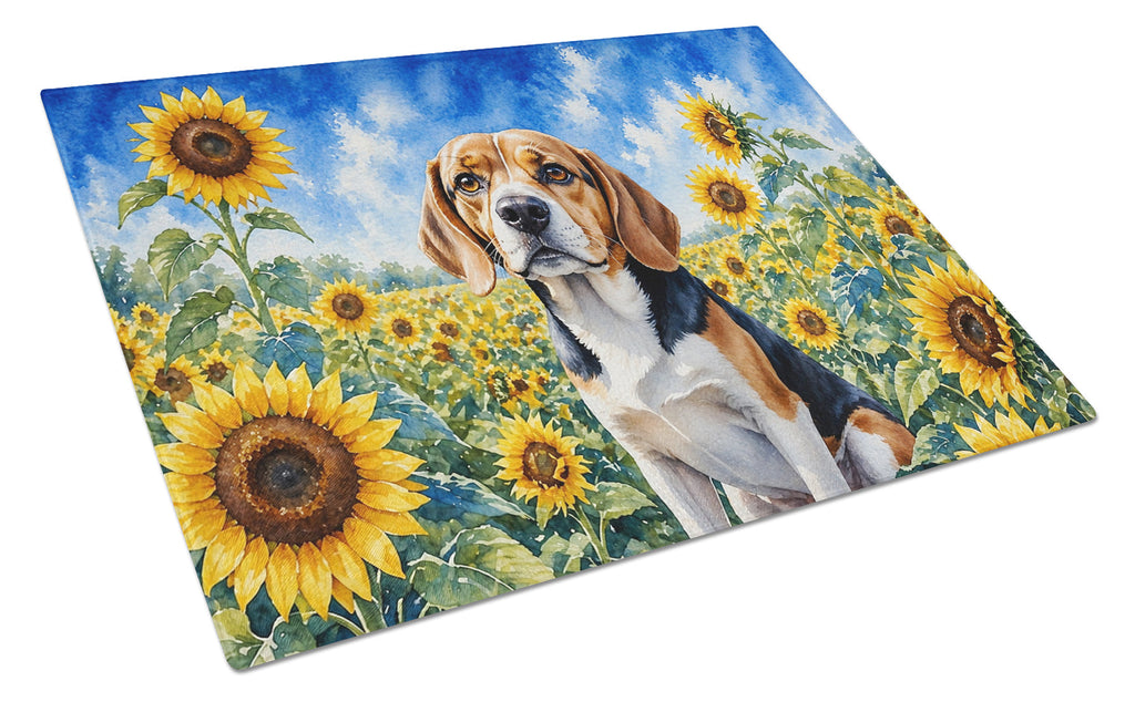 Beagle in Sunflowers Cutting Board Tempered Glass Kitchen Cutting Surface, Heat Resistant Chopping Board with Non-Slip Feet, Decorative Food Prep & Serving