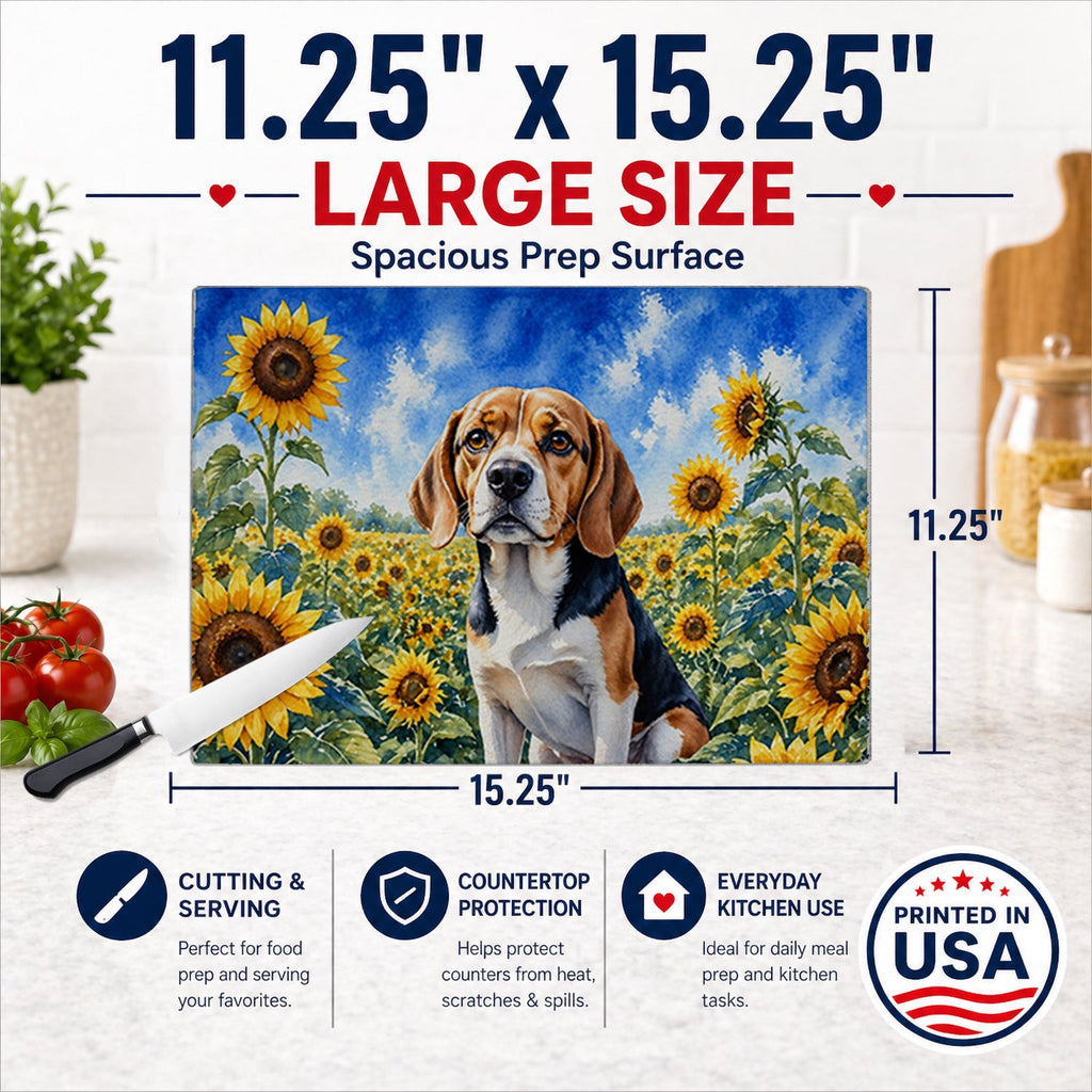 Beagle in Sunflowers Cutting Board Tempered Glass Kitchen Cutting Surface, Heat Resistant Chopping Board with Non-Slip Feet, Decorative Food Prep & Serving