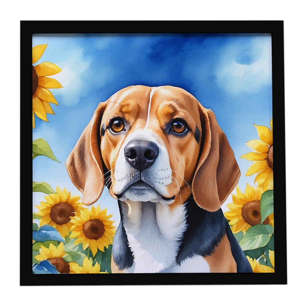Beagle in Sunflowers Framed Metal Print Bathroom, Kitchen, Office, Home Decor Wall Art Ready to Hang, Square, 8X8