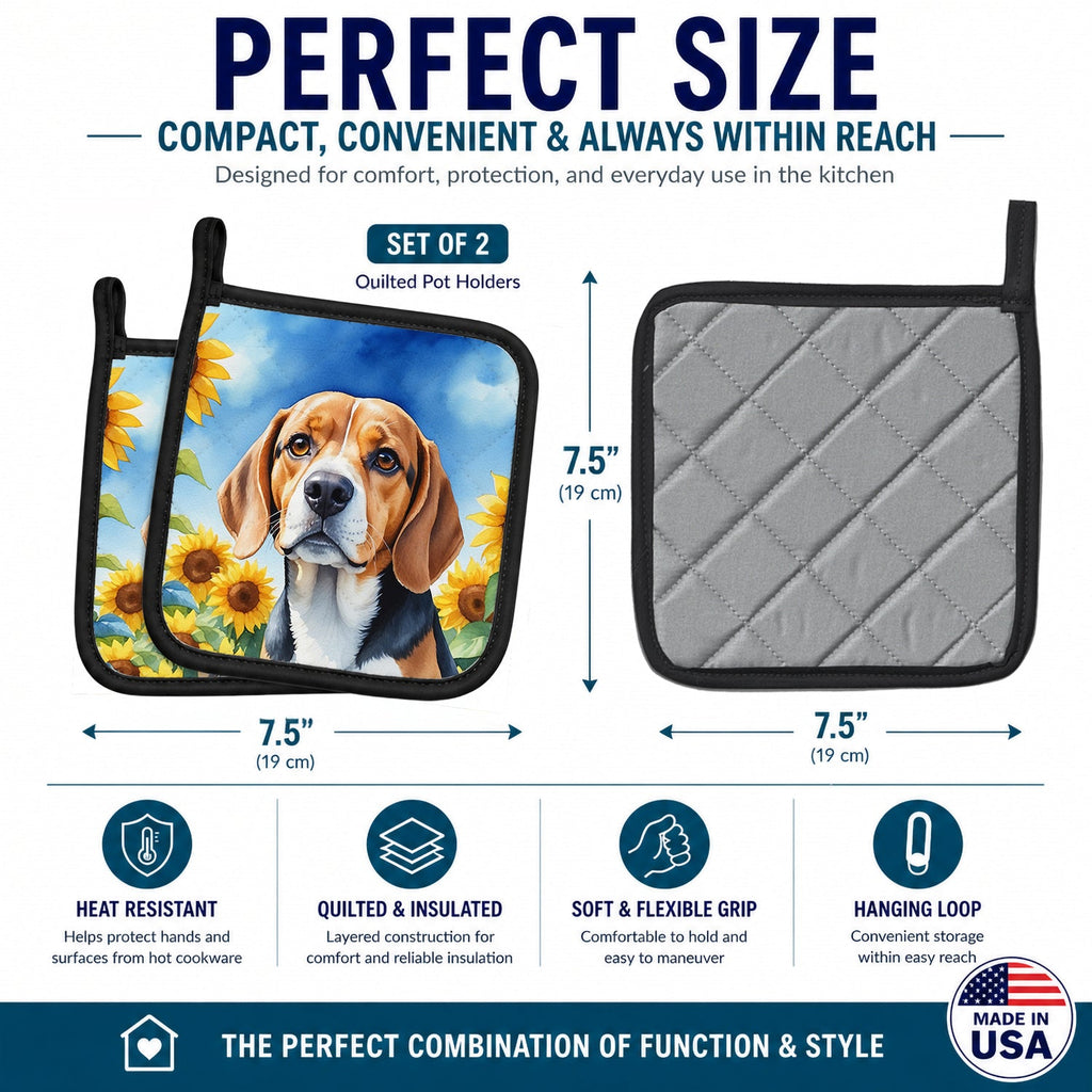 Beagle in Sunflowers Pot Holder Set of 2 Heat Resistant Quilted Hot Pads 7.5 x 7.5 Inch, Insulated Kitchen Trivets for Cooking & Baking