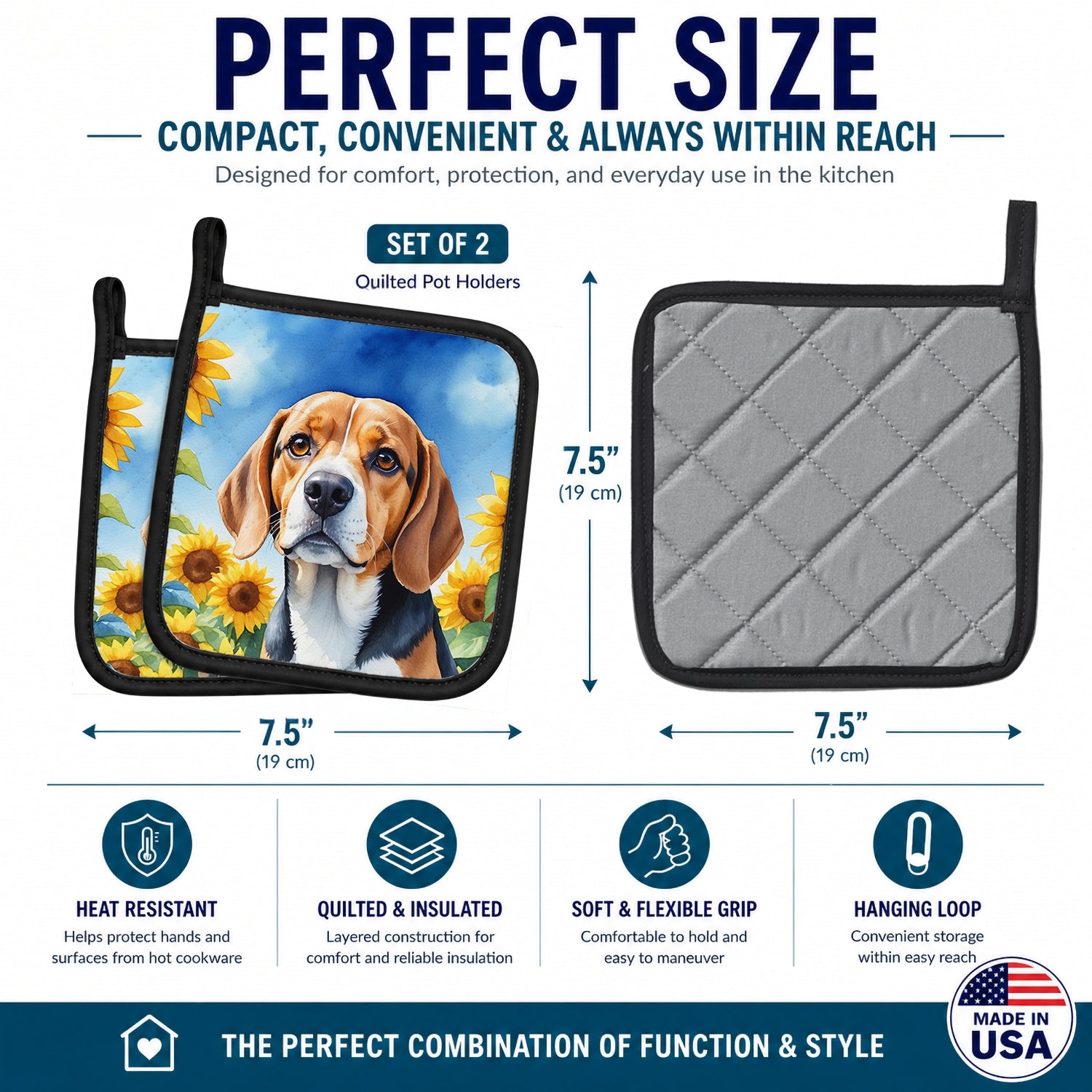 Beagle in Sunflowers Pot Holder Set of 2 Heat Resistant Quilted Hot Pads 7.5 x 7.5 Inch, Insulated Kitchen Trivets for Cooking & Baking