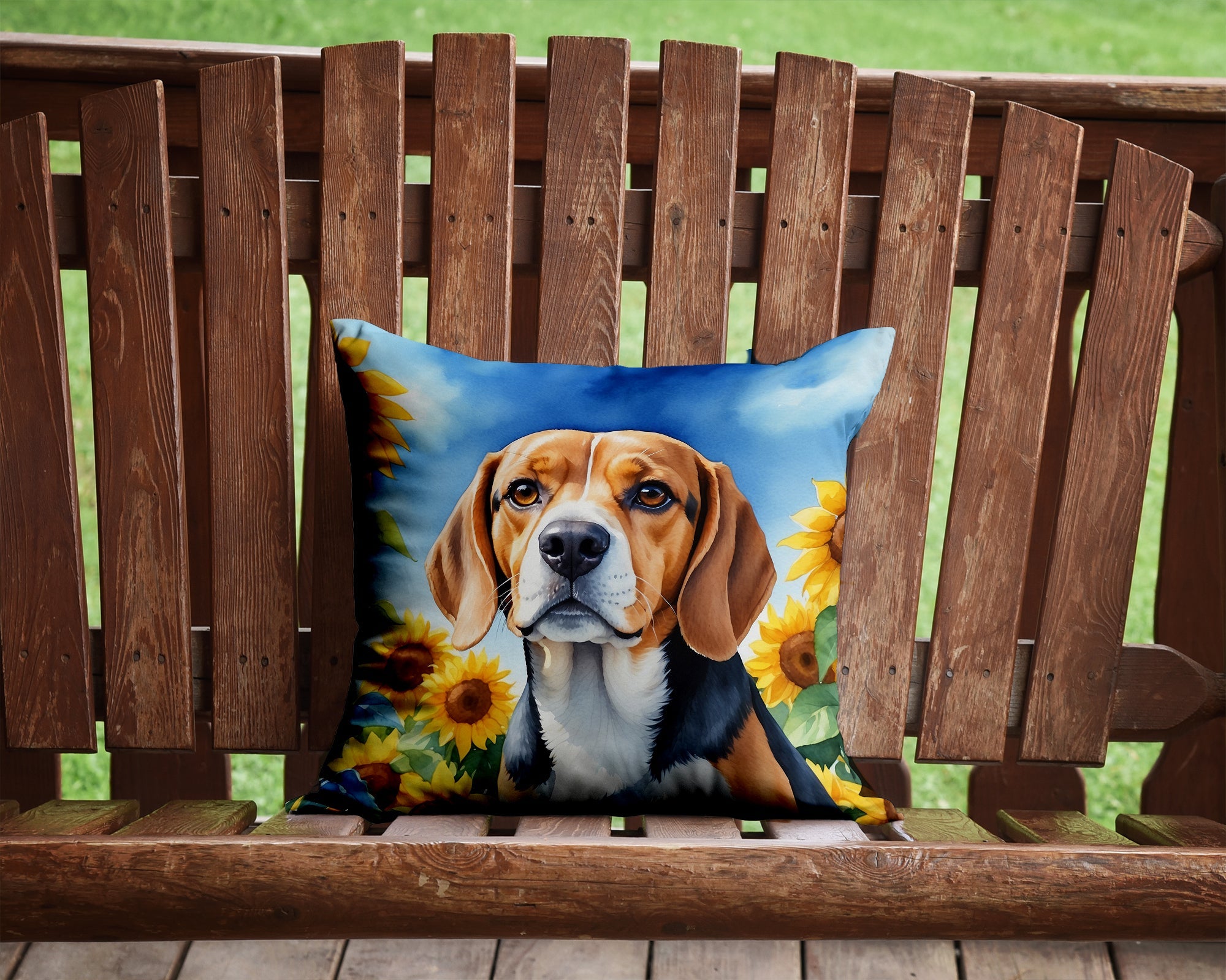 Beagle in Sunflowers Decorative Throw Pillow 14x14 Indoor Outdoor Accent Cushion, Fabric Cover with Insert for Sofa, Bed, Porch & Living Room