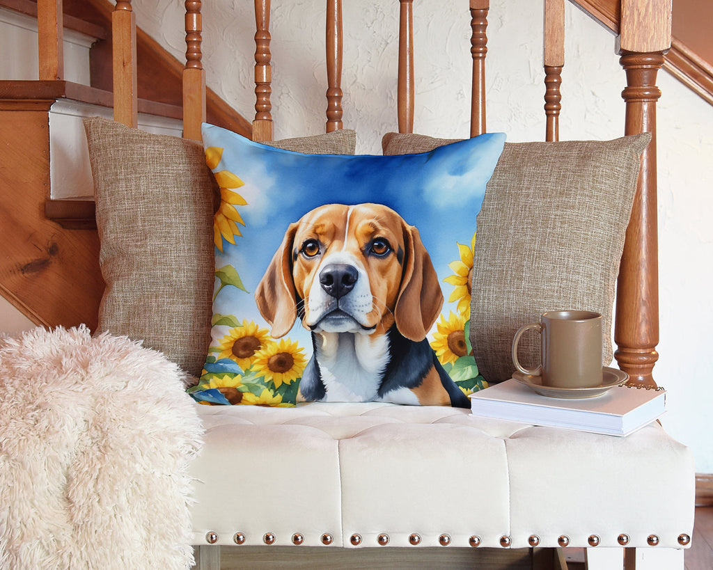 Beagle in Sunflowers Decorative Throw Pillow 14x14 Indoor Outdoor Accent Cushion, Fabric Cover with Insert for Sofa, Bed, Porch & Living Room