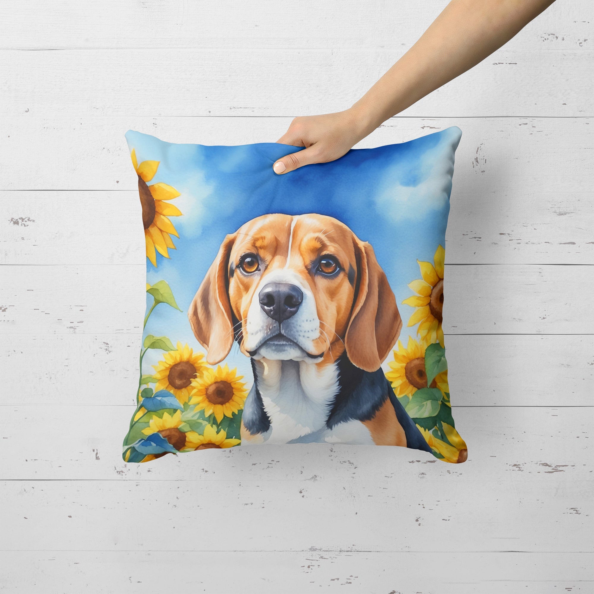 Beagle in Sunflowers Decorative Throw Pillow 18x18 Indoor Outdoor Accent Cushion, Fabric Cover with Insert for Sofa, Bed, Porch & Living Room