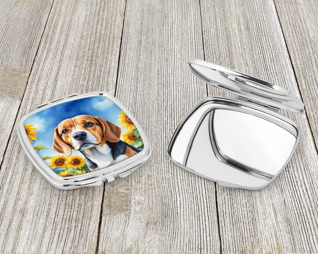 Beagle in Sunflowers Compact Mirror Decorative Travel Makeup Mirror for Women Girls Gifts Pocket Makeup Mirror Folding Handheld