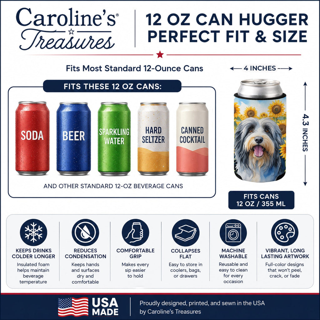 Bearded Collie in Sunflowers Can or Bottle Hugger Cooler Sleeve for Standard 12 oz Cans, Insulated Foam Beer & Soda Can Hugger Reusable
