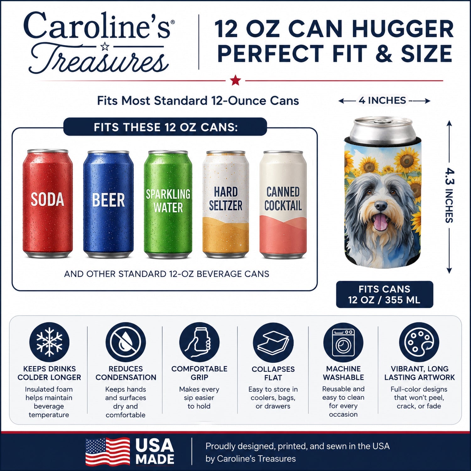 Bearded Collie in Sunflowers Can or Bottle Hugger Cooler Sleeve for Standard 12 oz Cans, Insulated Foam Beer & Soda Can Hugger Reusable