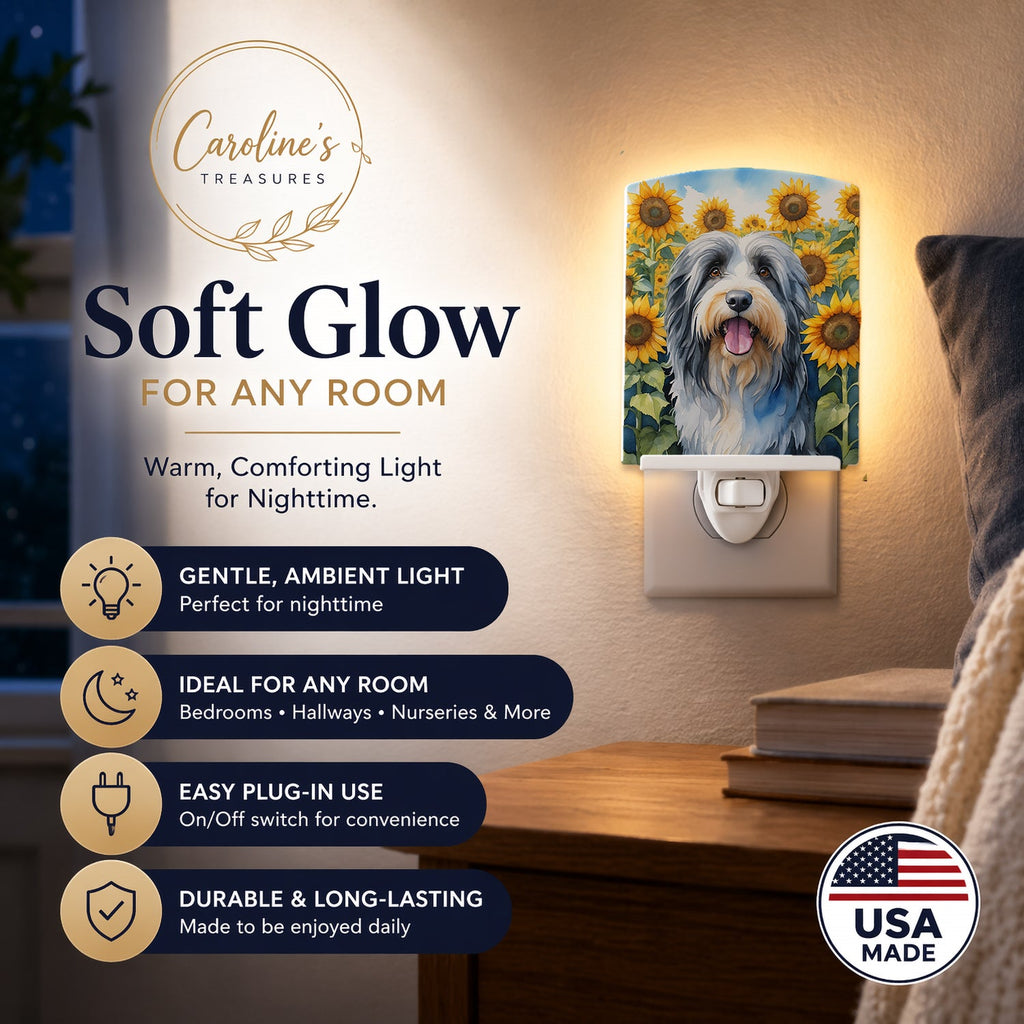 Bearded Collie in Sunflowers Ceramic Night Light Compact, UL-Certified, Ideal for Bedroom, Bathroom, Nursery, Hallway, Kitchen, 6x4x3, Multicolor