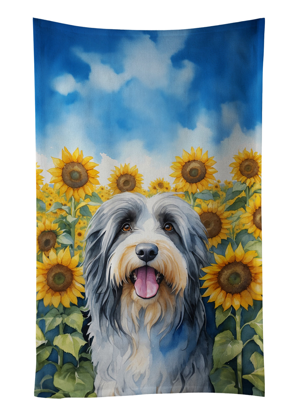 Bearded Collie in Sunflowers Kitchen Towel Velour Plush Front and Cotton Loop Back Machine Washable