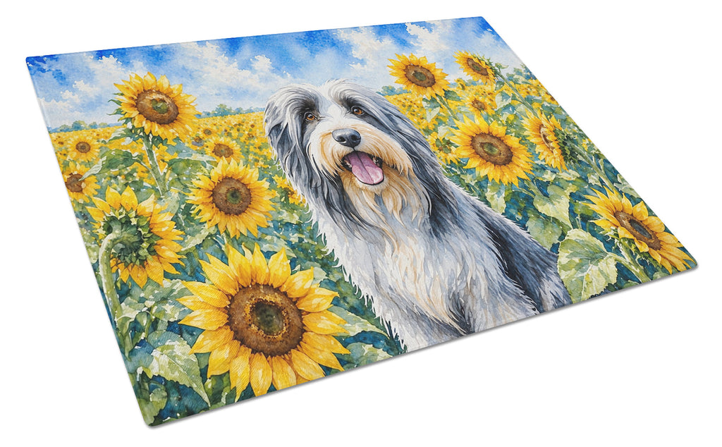 Bearded Collie in Sunflowers Cutting Board Tempered Glass Kitchen Cutting Surface, Heat Resistant Chopping Board with Non-Slip Feet, Decorative Food Prep & Serving