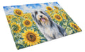 Bearded Collie in Sunflowers Cutting Board Tempered Glass Kitchen Cutting Surface, Heat Resistant Chopping Board with Non-Slip Feet, Decorative Food Prep & Serving