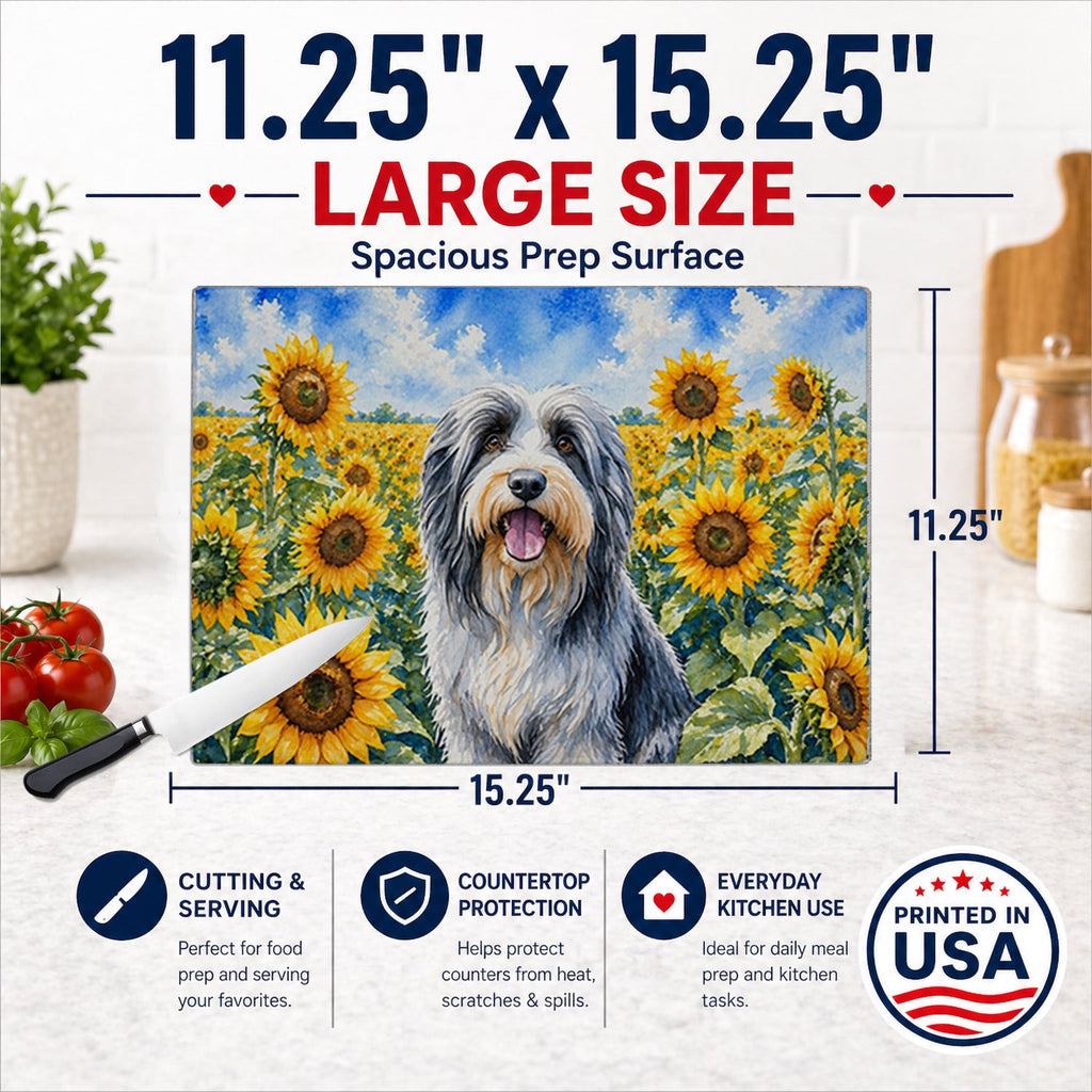 Bearded Collie in Sunflowers Cutting Board Tempered Glass Kitchen Cutting Surface, Heat Resistant Chopping Board with Non-Slip Feet, Decorative Food Prep & Serving
