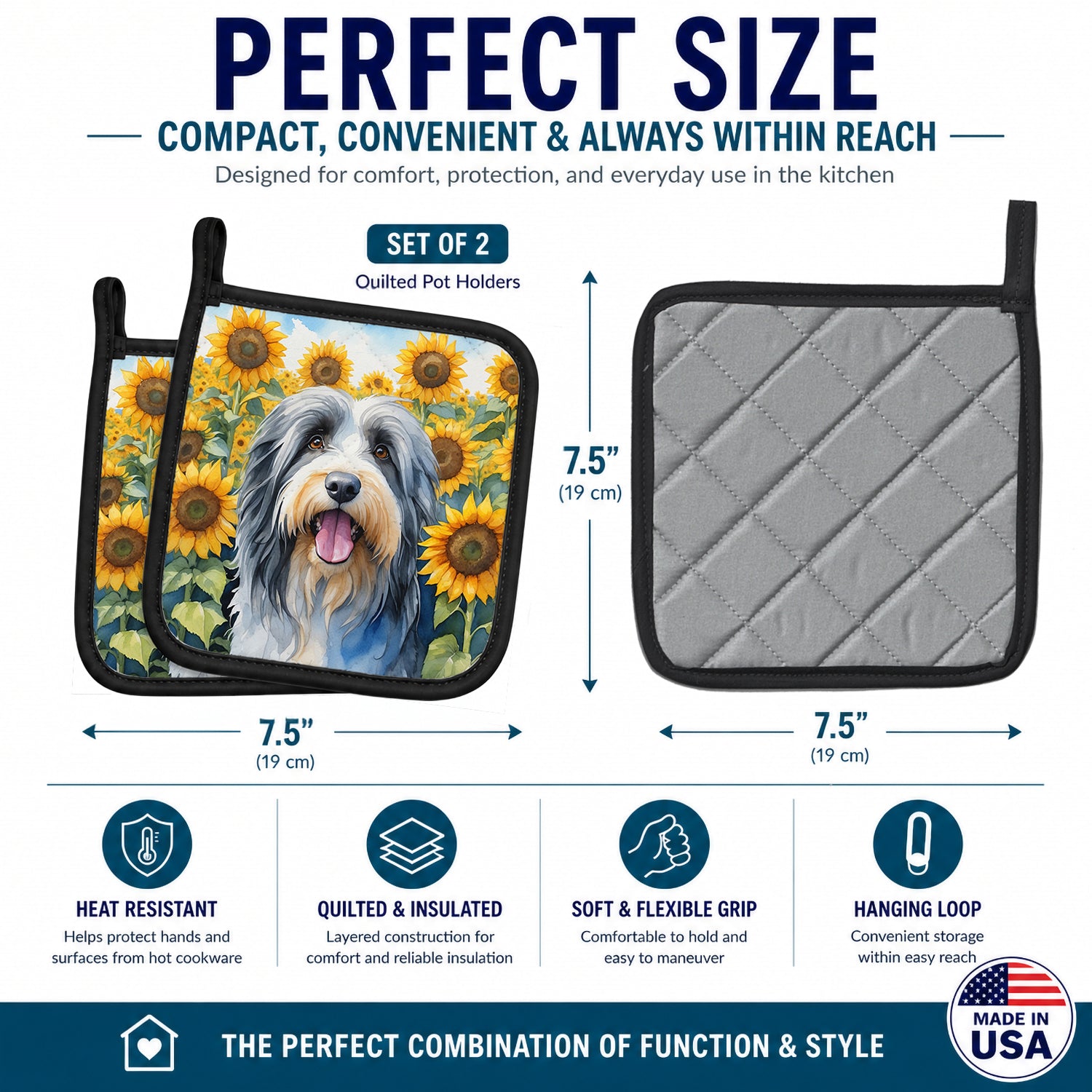 Bearded Collie in Sunflowers Pot Holder Set of 2 Heat Resistant Quilted Hot Pads 7.5 x 7.5 Inch, Insulated Kitchen Trivets for Cooking & Baking