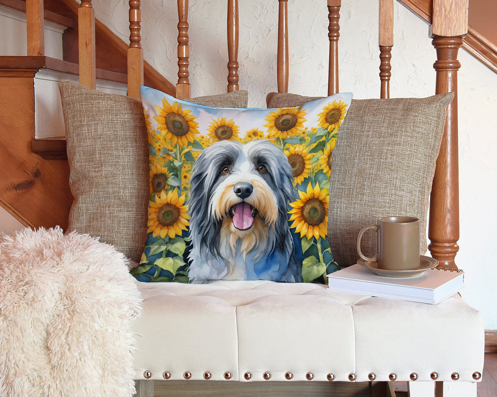Bearded Collie in Sunflowers Decorative Throw Pillow 14x14 Indoor Outdoor Accent Cushion, Fabric Cover with Insert for Sofa, Bed, Porch & Living Room