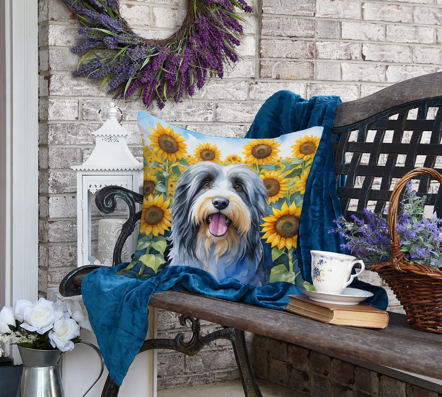 Bearded Collie in Sunflowers Decorative Throw Pillow 18x18 Indoor Outdoor Accent Cushion, Fabric Cover with Insert for Sofa, Bed, Porch & Living Room