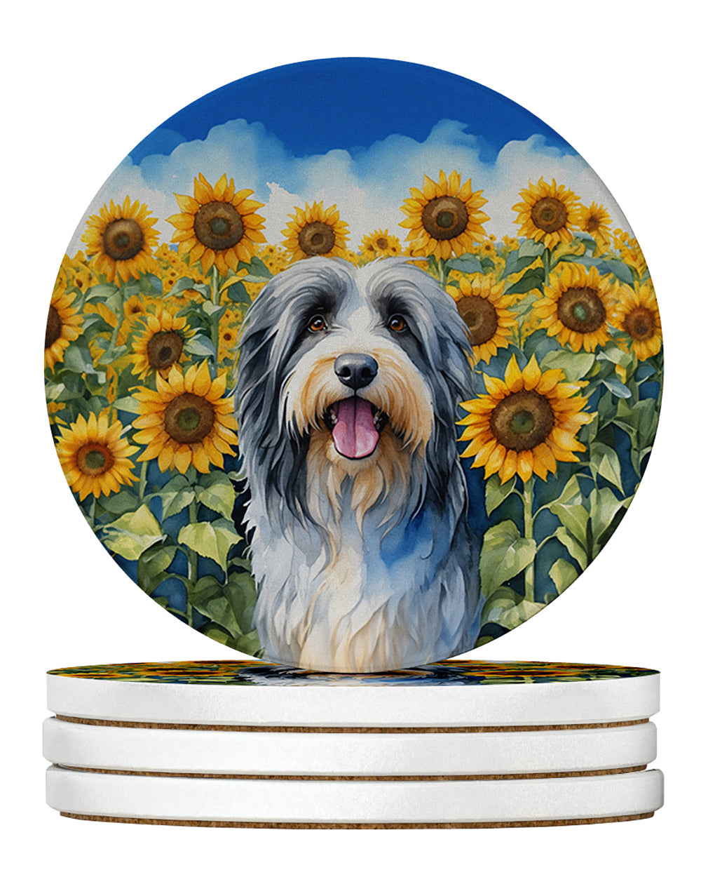 Bearded Collie in Sunflowers Large Sandstone Coasters Pack of 4 Absorbent Round Coasters Decor Gifts for Men or Women, 4 in, Multicolor