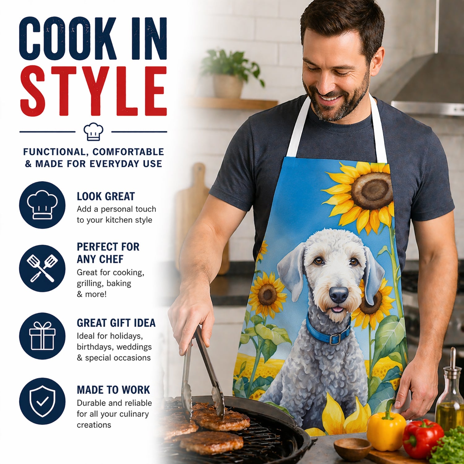 Bedlington Terrier in Sunflowers Apron Cooking Kitchen Server Baking Crafts Gardening for Adult Women Men, Unisex, Large, Multicolor