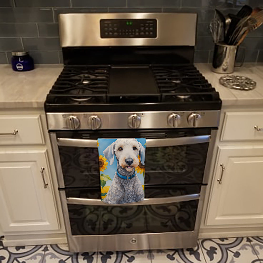 Bedlington Terrier in Sunflowers Kitchen Towel Velour Plush Front and Cotton Loop Back Machine Washable