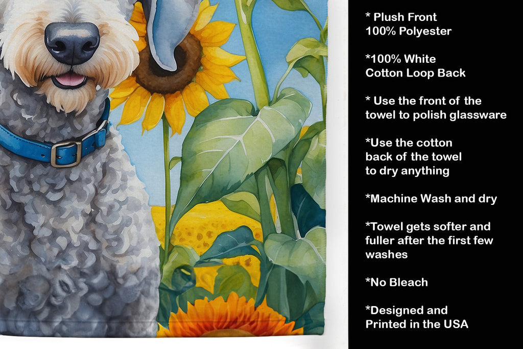 Bedlington Terrier in Sunflowers Kitchen Towel Velour Plush Front and Cotton Loop Back Machine Washable