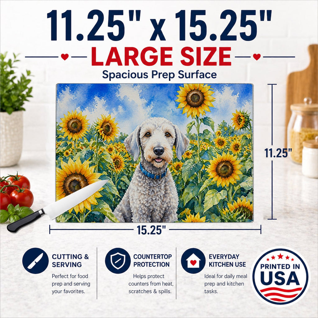 Bedlington Terrier in Sunflowers Cutting Board Tempered Glass Kitchen Cutting Surface, Heat Resistant Chopping Board with Non-Slip Feet, Decorative Food Prep & Serving