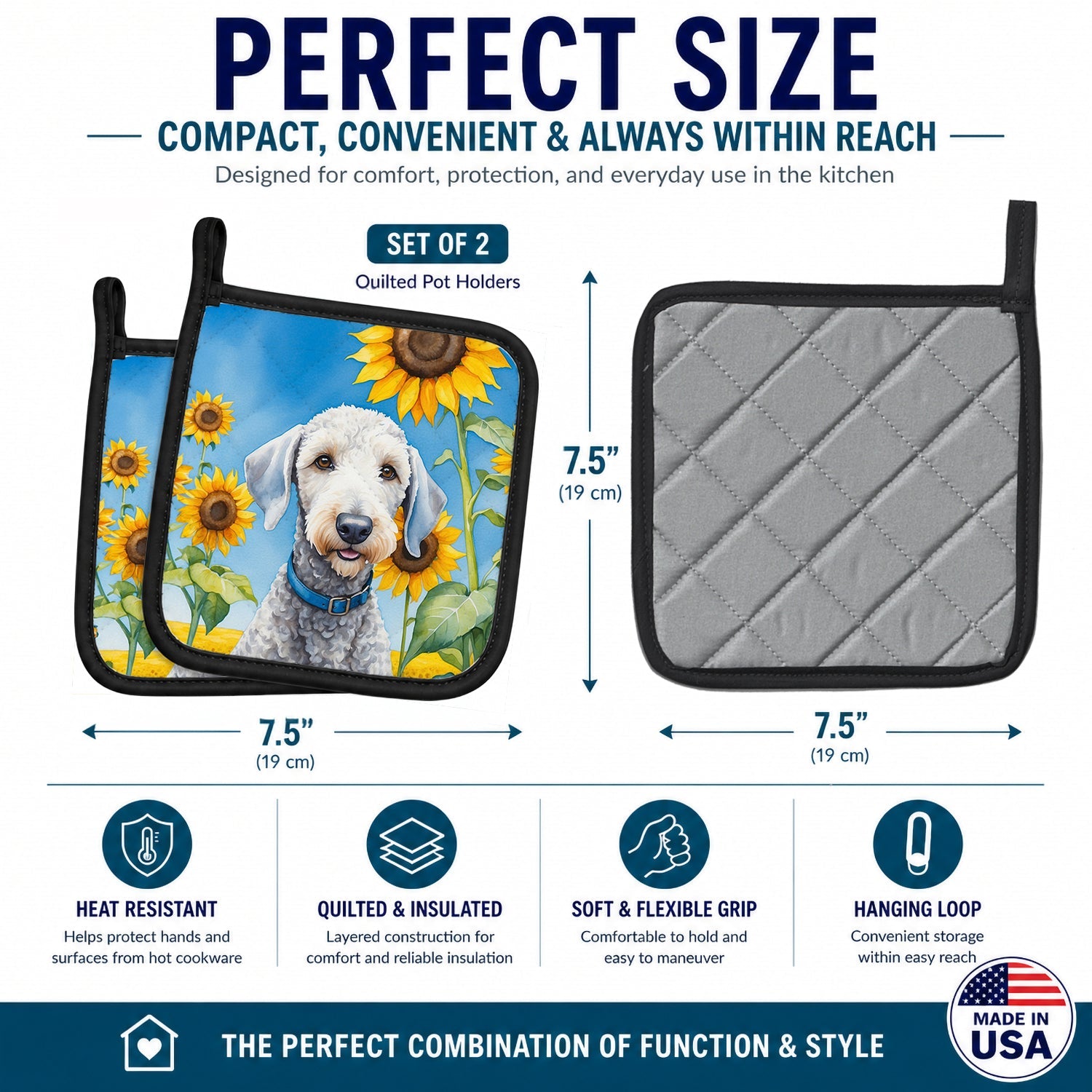 Bedlington Terrier in Sunflowers Pot Holder Set of 2 Heat Resistant Quilted Hot Pads 7.5 x 7.5 Inch, Insulated Kitchen Trivets for Cooking & Baking
