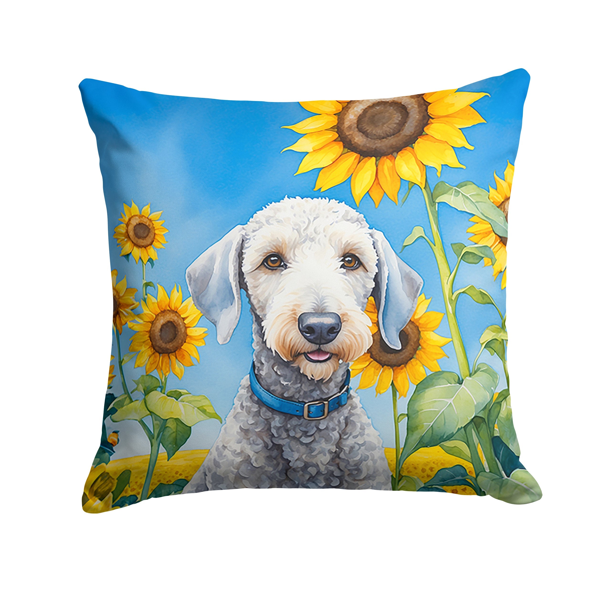 Bedlington Terrier in Sunflowers Decorative Throw Pillow 14x14 Indoor Outdoor Accent Cushion, Fabric Cover with Insert for Sofa, Bed, Porch & Living Room