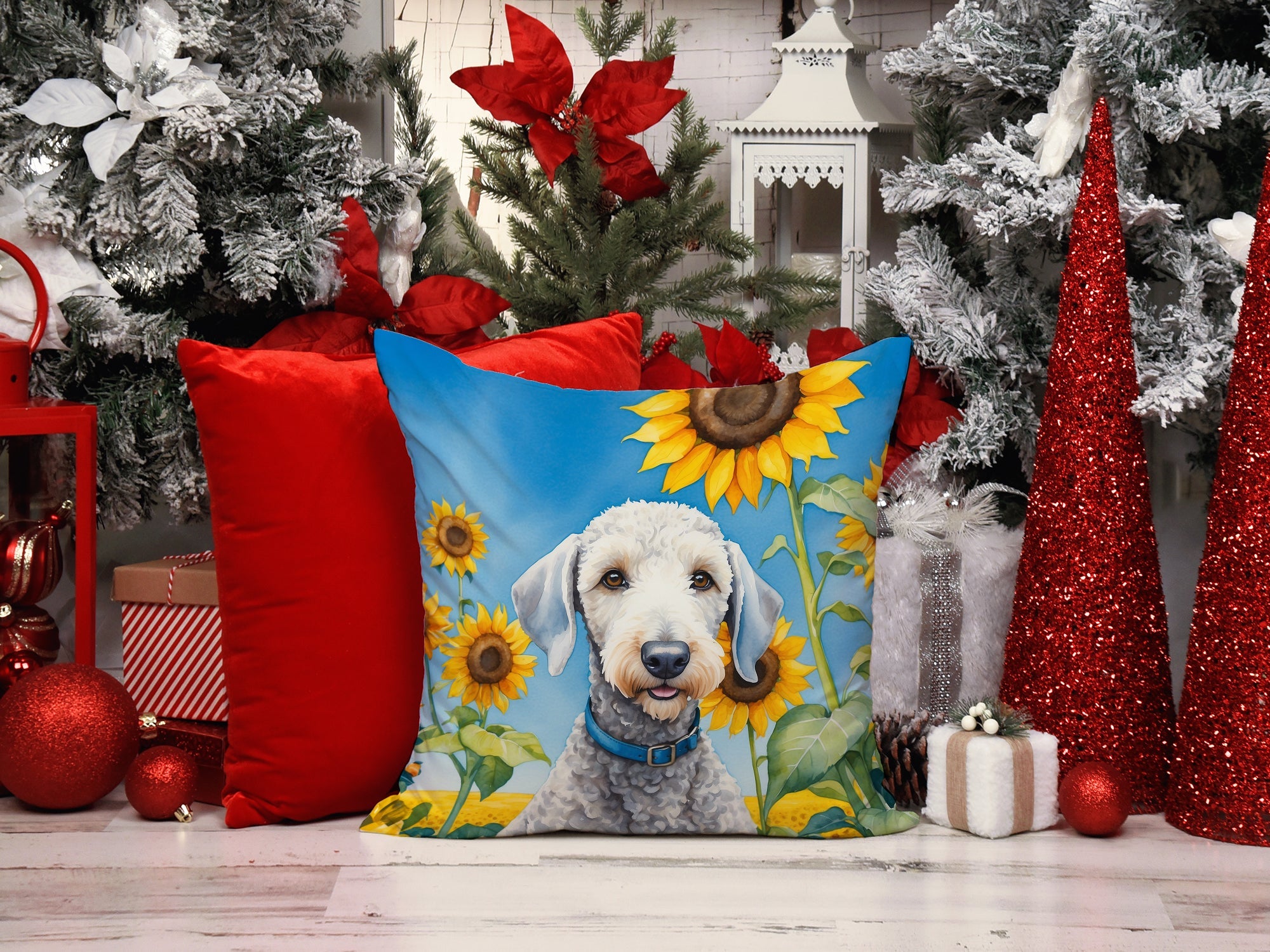Bedlington Terrier in Sunflowers Decorative Throw Pillow 14x14 Indoor Outdoor Accent Cushion, Fabric Cover with Insert for Sofa, Bed, Porch & Living Room