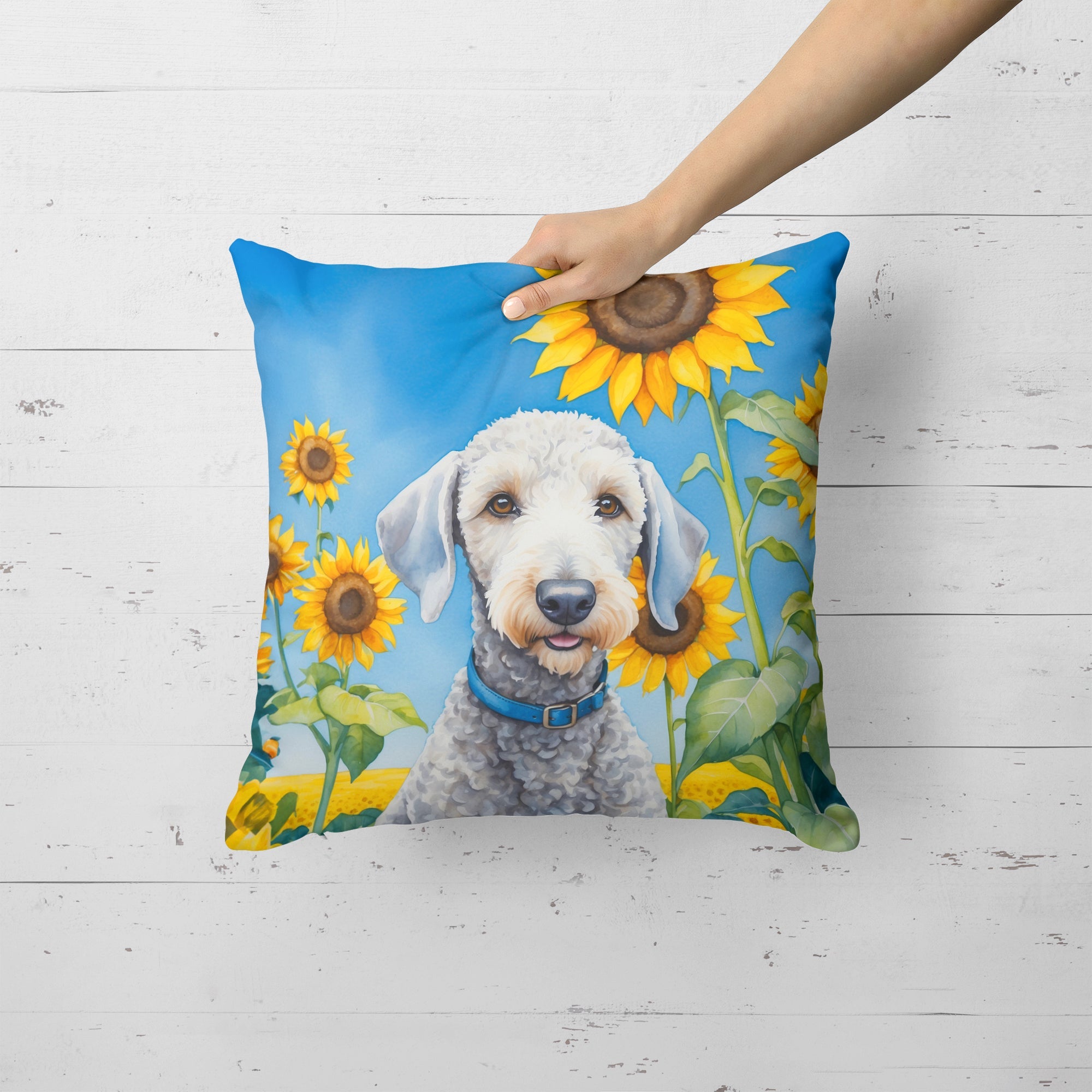 Bedlington Terrier in Sunflowers Decorative Throw Pillow 18x18 Indoor Outdoor Accent Cushion, Fabric Cover with Insert for Sofa, Bed, Porch & Living Room