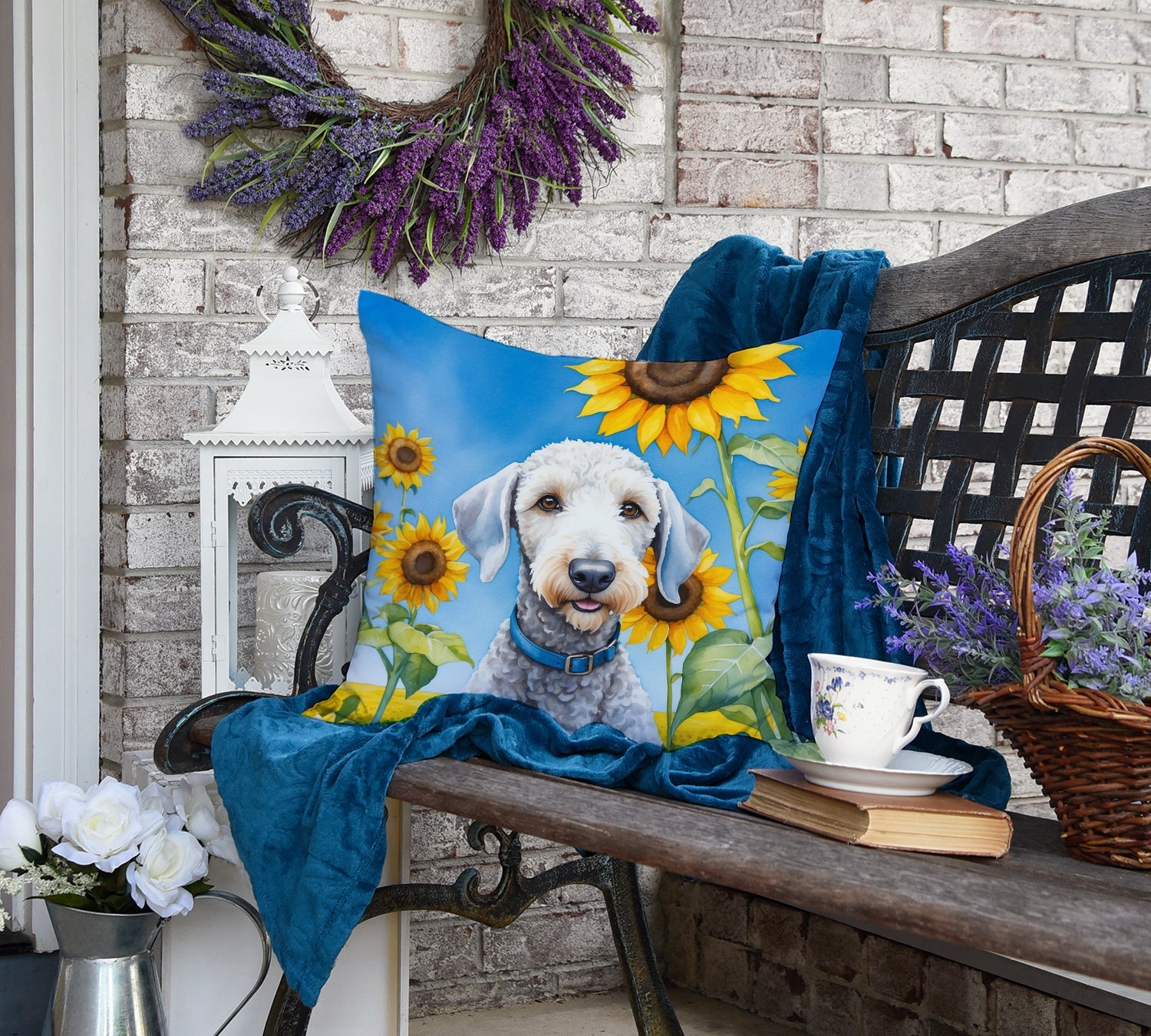 Bedlington Terrier in Sunflowers Decorative Throw Pillow 18x18 Indoor Outdoor Accent Cushion, Fabric Cover with Insert for Sofa, Bed, Porch & Living Room