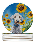 Bedlington Terrier in Sunflowers Large Sandstone Coasters Pack of 4 Absorbent Round Coasters Decor Gifts for Men or Women, 4 in, Multicolor