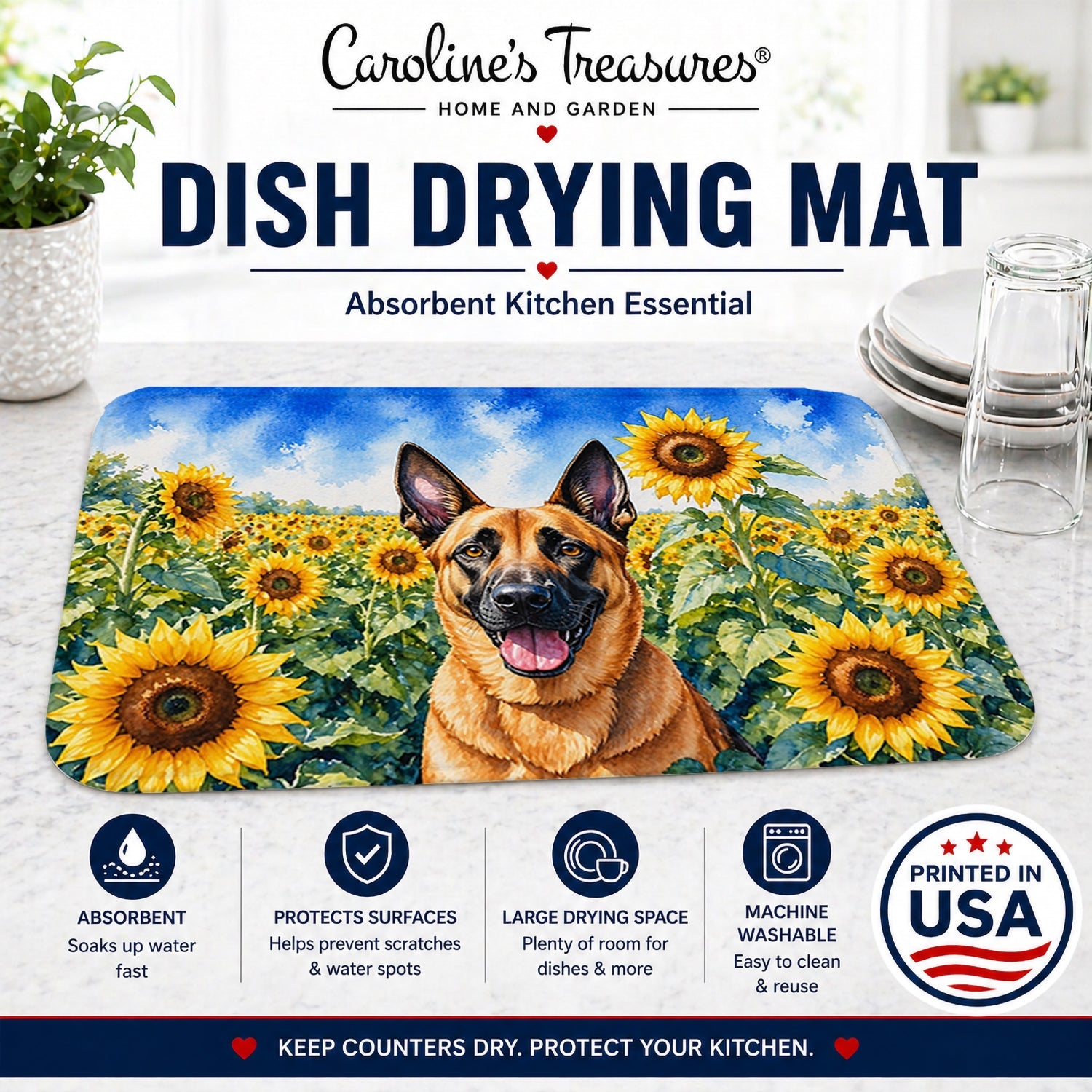 Belgian Malinois in Sunflowers Dish Drying Mat Absorbent Dish Drying Mat Pad for Kitchen Counter Dish Drainer Mat for Countertop, 14 x 21", Multicolor