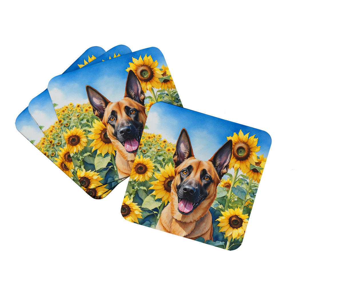 Belgian Malinois in Sunflowers Foam Coasters Set of 4 Cup Coasters for Indoor Outdoor, Tabletop Protection, Anti Slip, Mouse pad Material