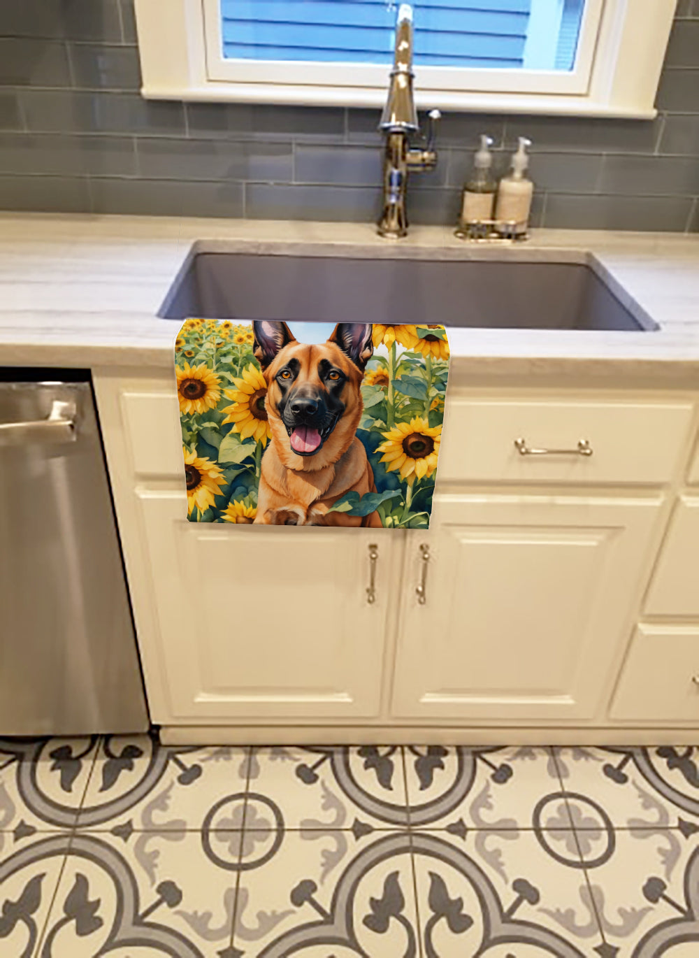 Belgian Malinois in Sunflowers Kitchen Towel Velour Plush Front and Cotton Loop Back Machine Washable