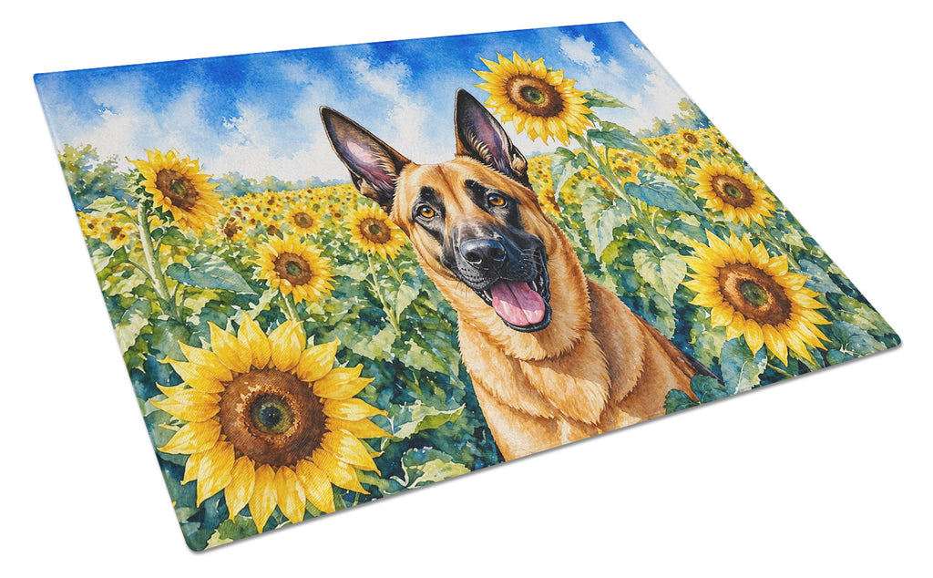 Belgian Malinois in Sunflowers Cutting Board Tempered Glass Kitchen Cutting Surface, Heat Resistant Chopping Board with Non-Slip Feet, Decorative Food Prep & Serving