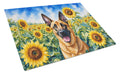 Belgian Malinois in Sunflowers Cutting Board Tempered Glass Kitchen Cutting Surface, Heat Resistant Chopping Board with Non-Slip Feet, Decorative Food Prep & Serving