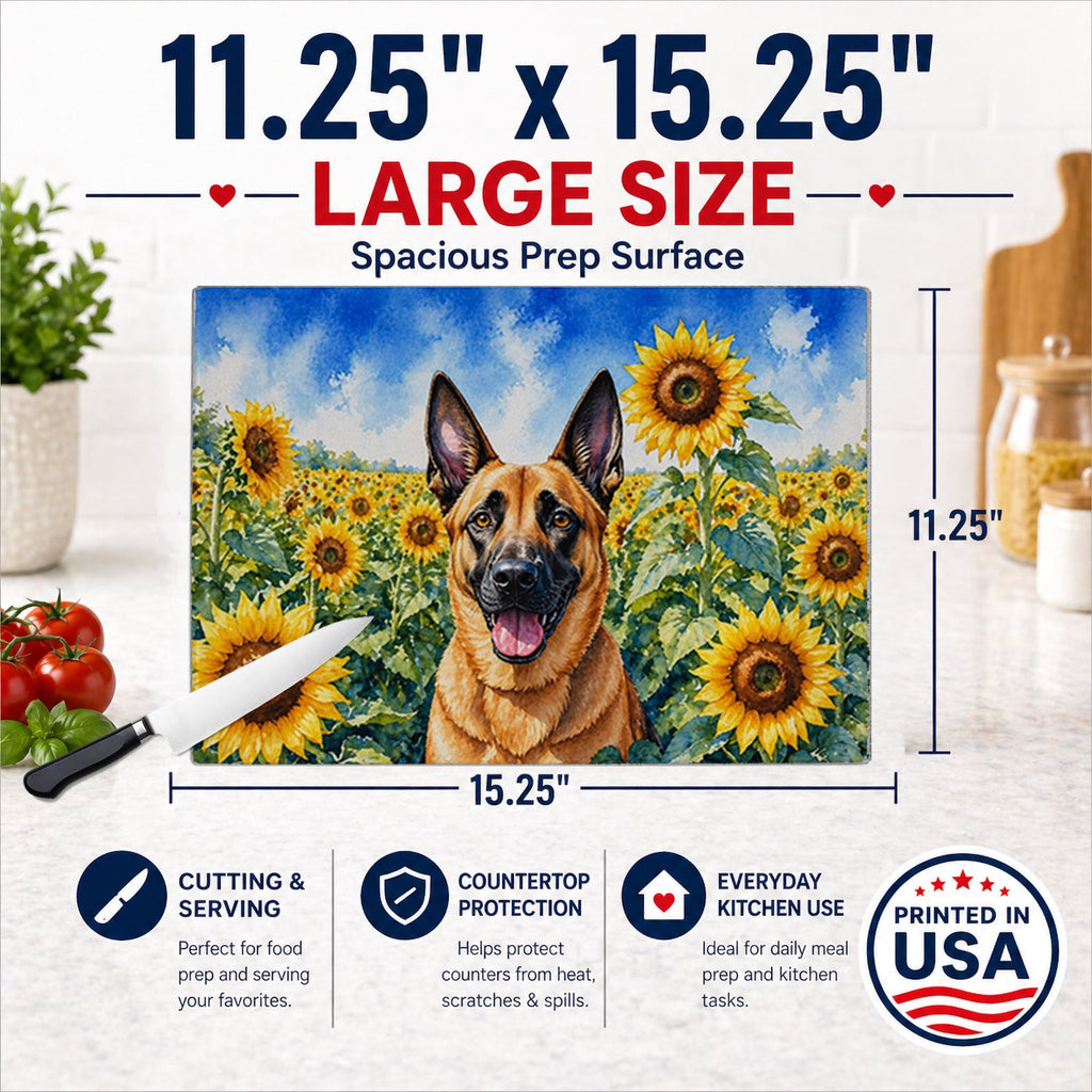 Belgian Malinois in Sunflowers Cutting Board Tempered Glass Kitchen Cutting Surface, Heat Resistant Chopping Board with Non-Slip Feet, Decorative Food Prep & Serving