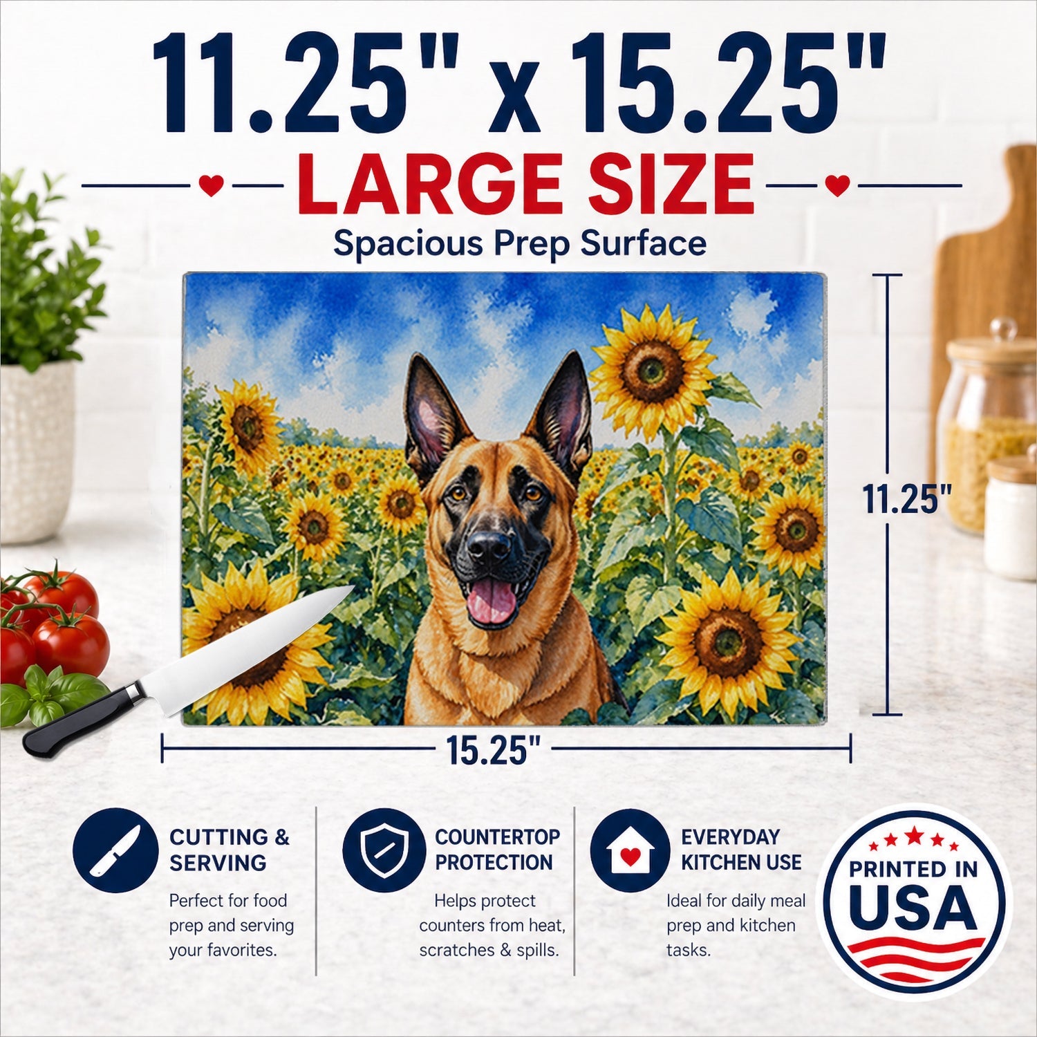 Belgian Malinois in Sunflowers Cutting Board Tempered Glass Kitchen Cutting Surface, Heat Resistant Chopping Board with Non-Slip Feet, Decorative Food Prep & Serving