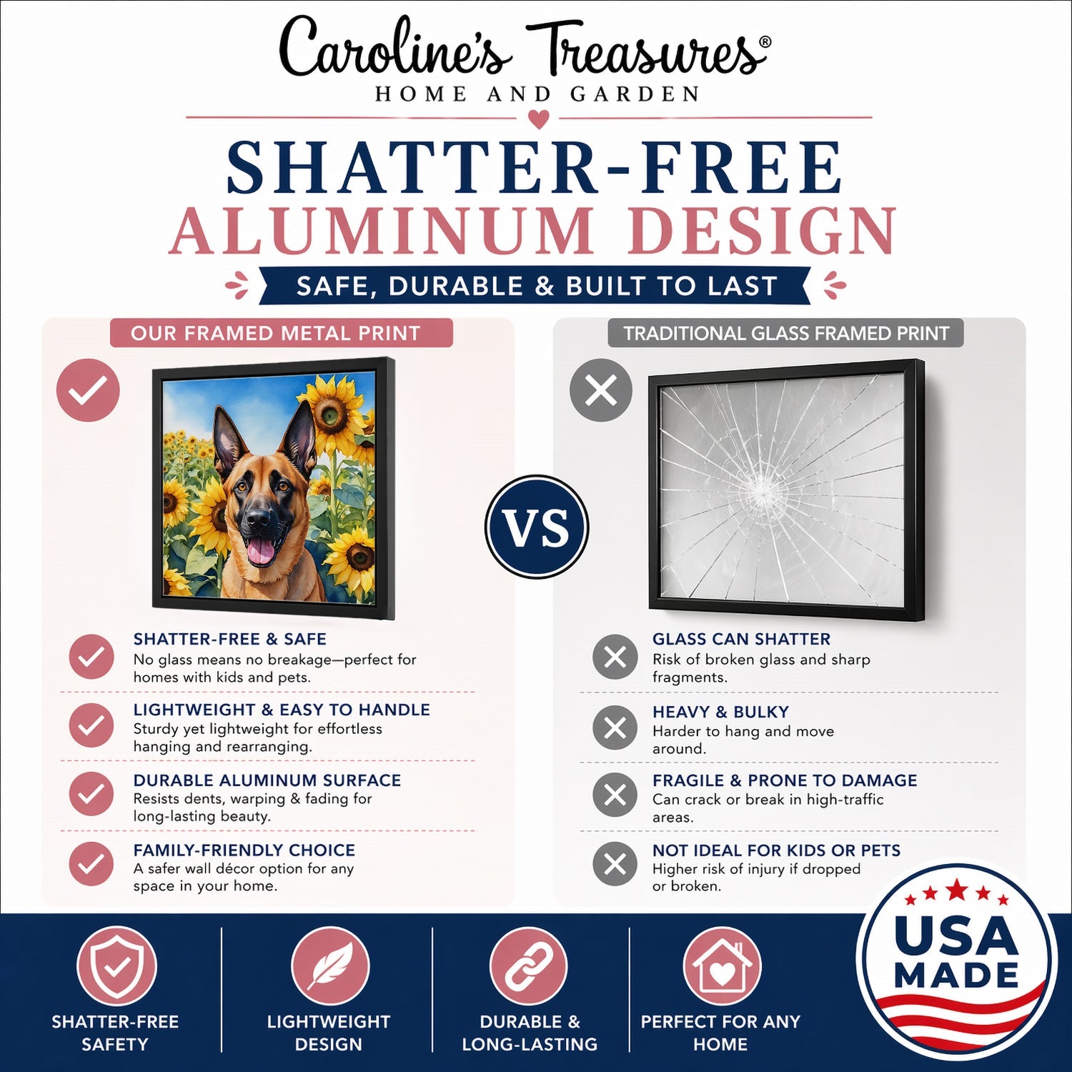 Belgian Malinois in Sunflowers Framed Metal Print Bathroom, Kitchen, Office, Home Decor Wall Art Ready to Hang, Square, 8X8