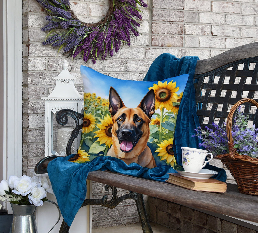 Belgian Malinois in Sunflowers Decorative Throw Pillow 18x18 Indoor Outdoor Accent Cushion, Fabric Cover with Insert for Sofa, Bed, Porch & Living Room