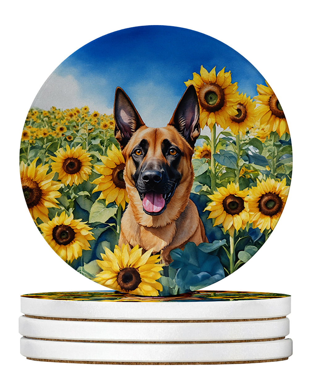 Belgian Malinois in Sunflowers Large Sandstone Coasters Pack of 4 Absorbent Round Coasters Decor Gifts for Men or Women, 4 in, Multicolor