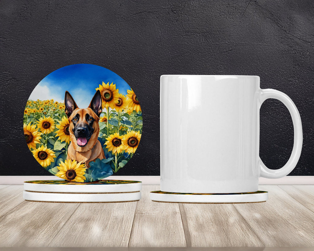 Belgian Malinois in Sunflowers Large Sandstone Coasters Pack of 4 Absorbent Round Coasters Decor Gifts for Men or Women, 4 in, Multicolor