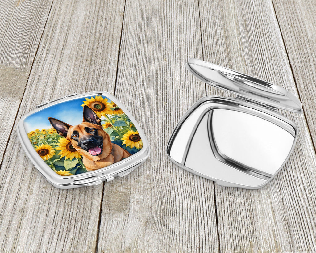 Belgian Malinois in Sunflowers Compact Mirror Decorative Travel Makeup Mirror for Women Girls Gifts Pocket Makeup Mirror Folding Handheld