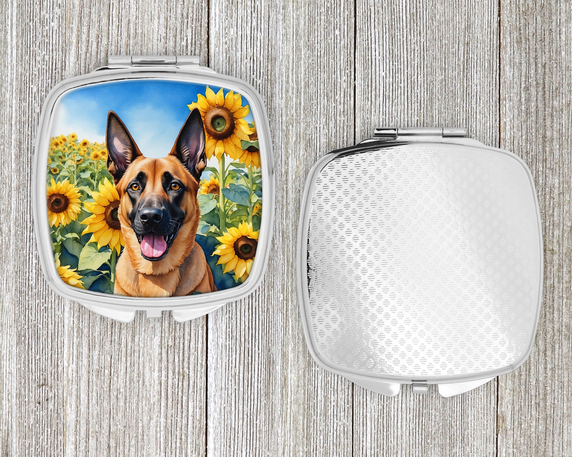 Belgian Malinois in Sunflowers Compact Mirror Decorative Travel Makeup Mirror for Women Girls Gifts Pocket Makeup Mirror Folding Handheld