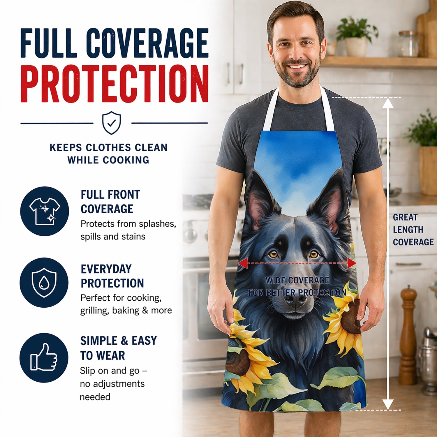 Belgian Sheepdog in Sunflowers Apron Cooking Kitchen Server Baking Crafts Gardening for Adult Women Men, Unisex, Large, Multicolor