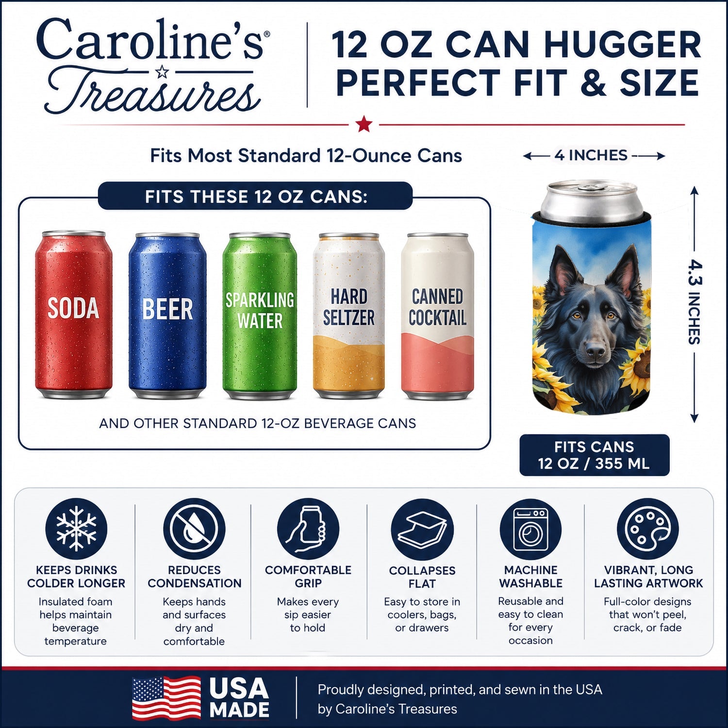 Belgian Sheepdog in Sunflowers Can or Bottle Hugger Cooler Sleeve for Standard 12 oz Cans, Insulated Foam Beer & Soda Can Hugger Reusable