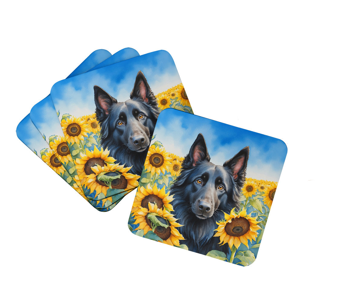 Belgian Sheepdog in Sunflowers Foam Coasters Set of 4 Cup Coasters for Indoor Outdoor, Tabletop Protection, Anti Slip, Mouse pad Material