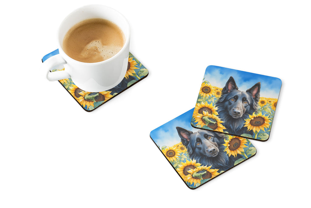 Belgian Sheepdog in Sunflowers Foam Coasters Set of 4 Cup Coasters for Indoor Outdoor, Tabletop Protection, Anti Slip, Mouse pad Material