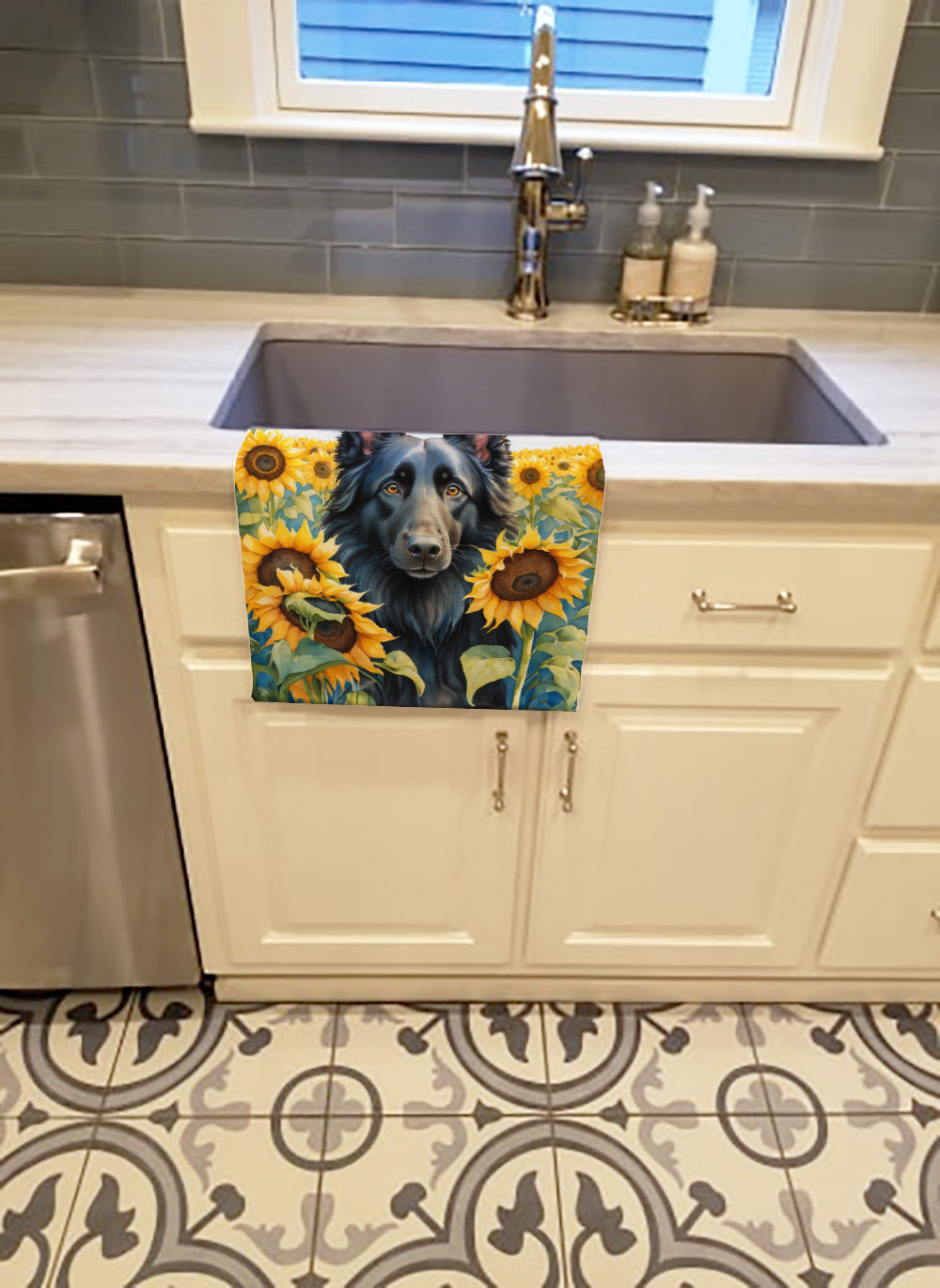 Belgian Sheepdog in Sunflowers Kitchen Towel Velour Plush Front and Cotton Loop Back Machine Washable